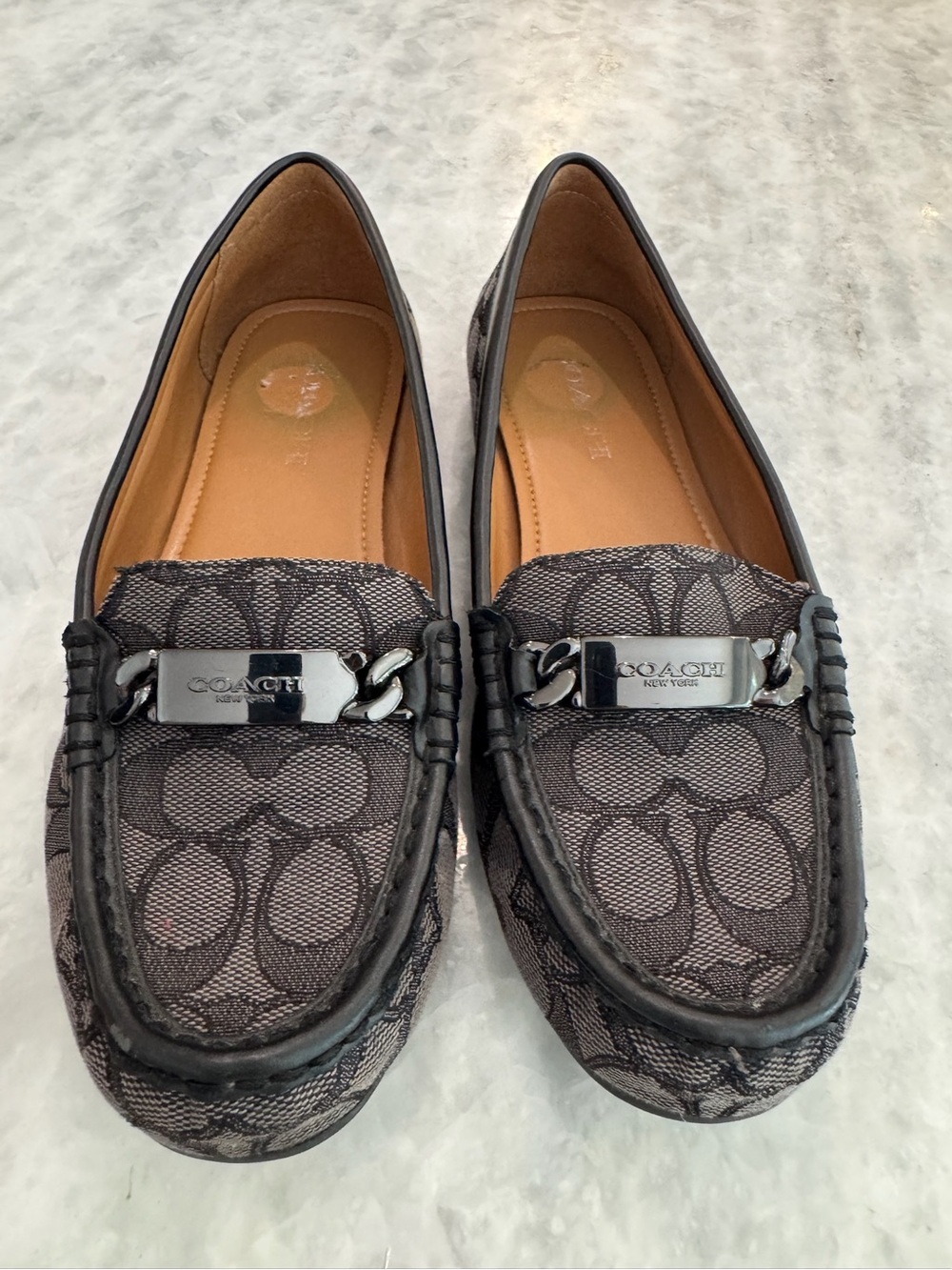 Coach Brown Signature C Gunmetal Chain-Trim Loafers